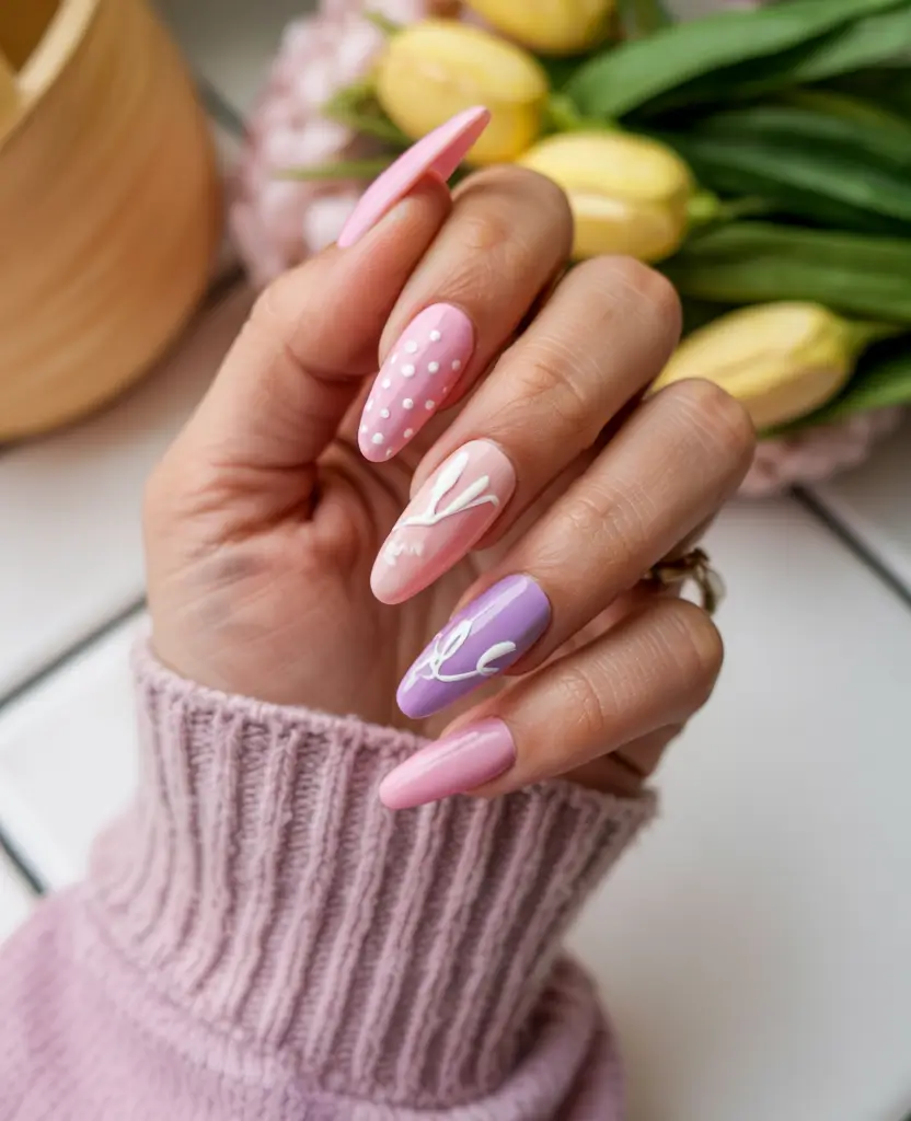 easter nails ideas 2026 Soft Pastel Bunny Line Art Nails