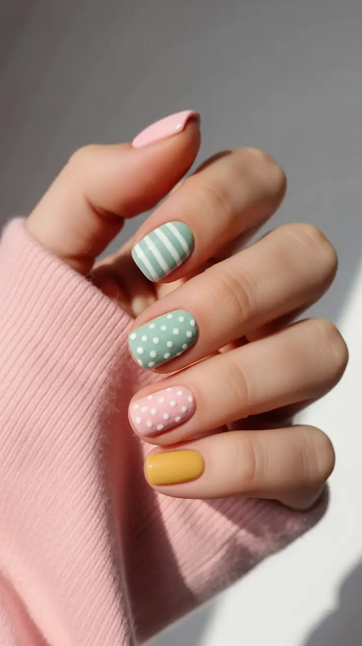 easter nails ideas 2026 Pastel Stripes and Polka Dot Easter Nails