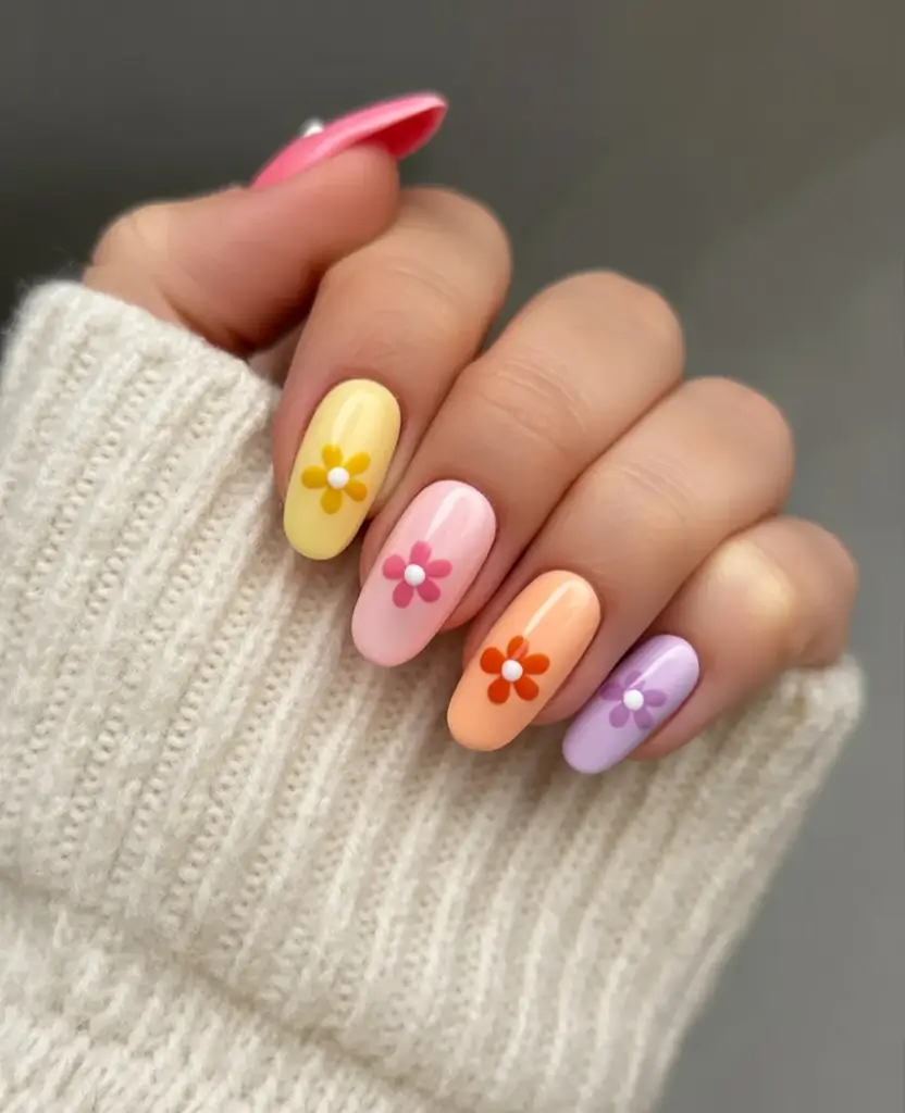 easter nails ideas 2026 Bright Retro Pastel Flower Nails