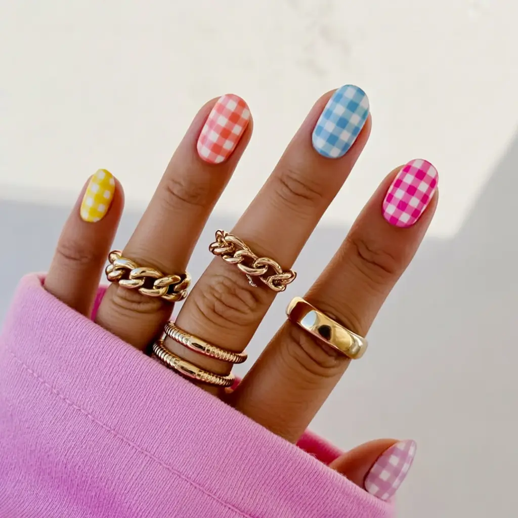 easter nails ideas 2026 Bright Pastel Gingham Nails for a Picnic-Ready Easter Look