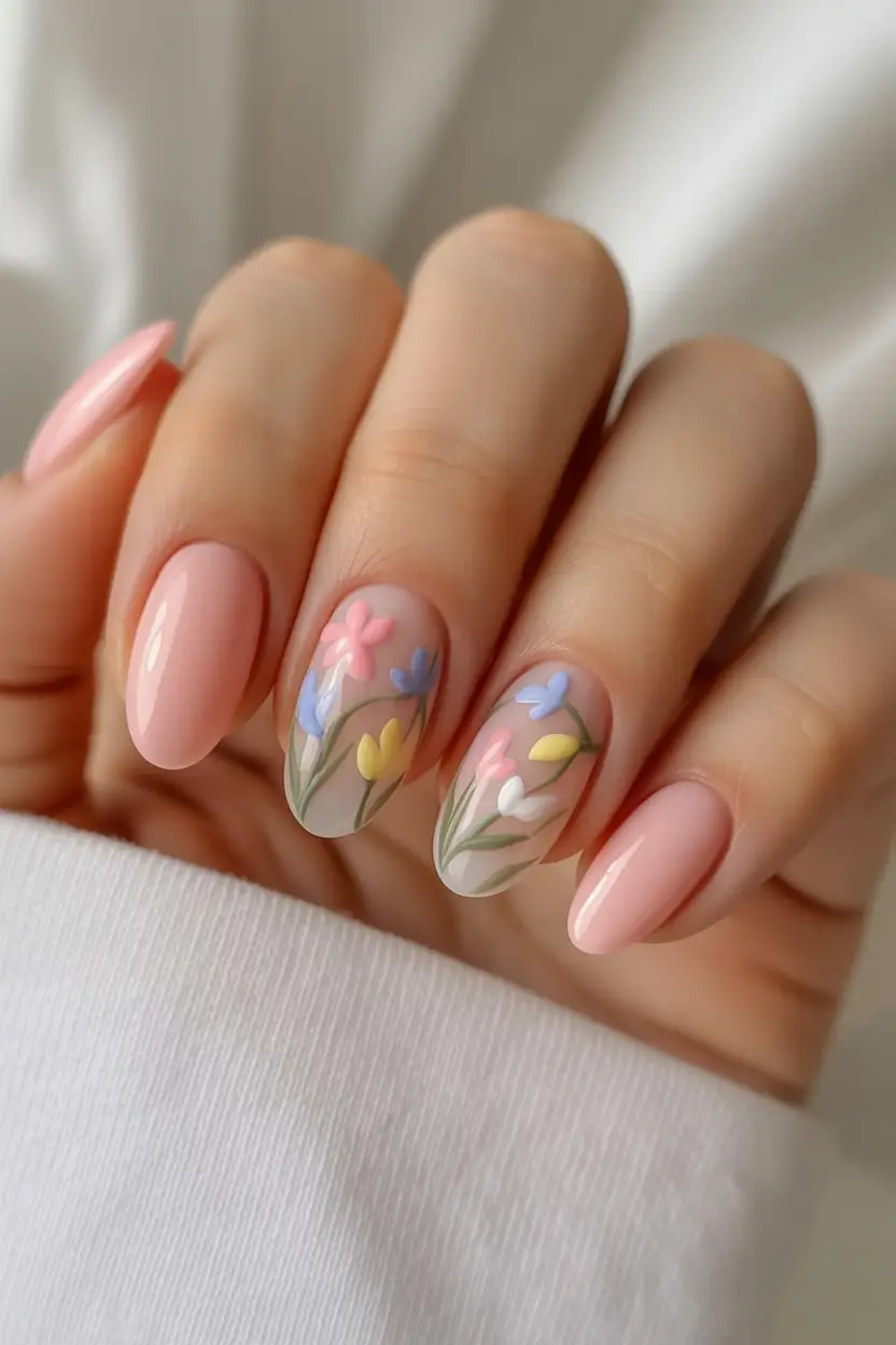 easter nails ideas 2026 Soft Botanical Spring Flower Nail Art