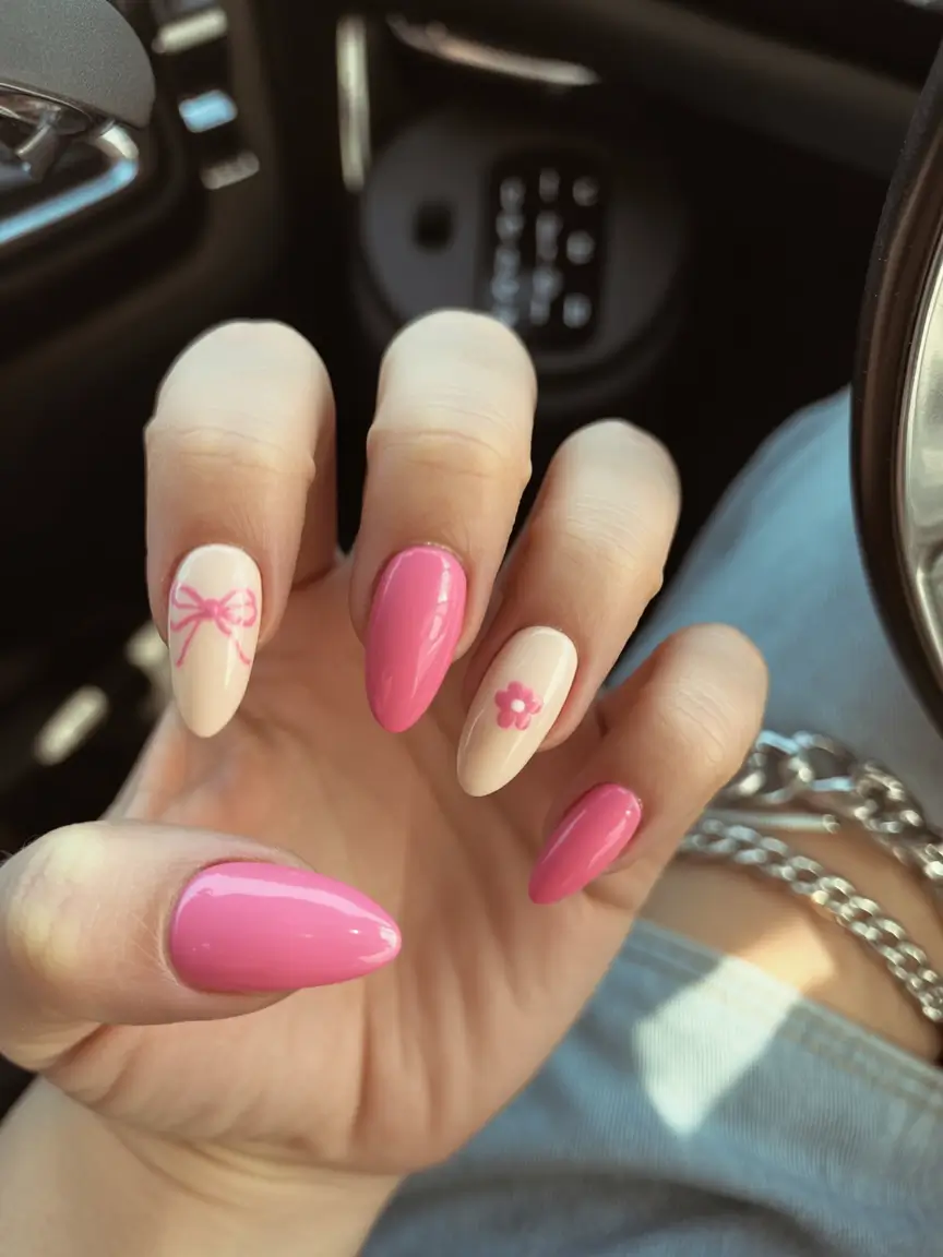 easter nails ideas 2026 Sweet Pink Ribbon and Floral Accent Nails