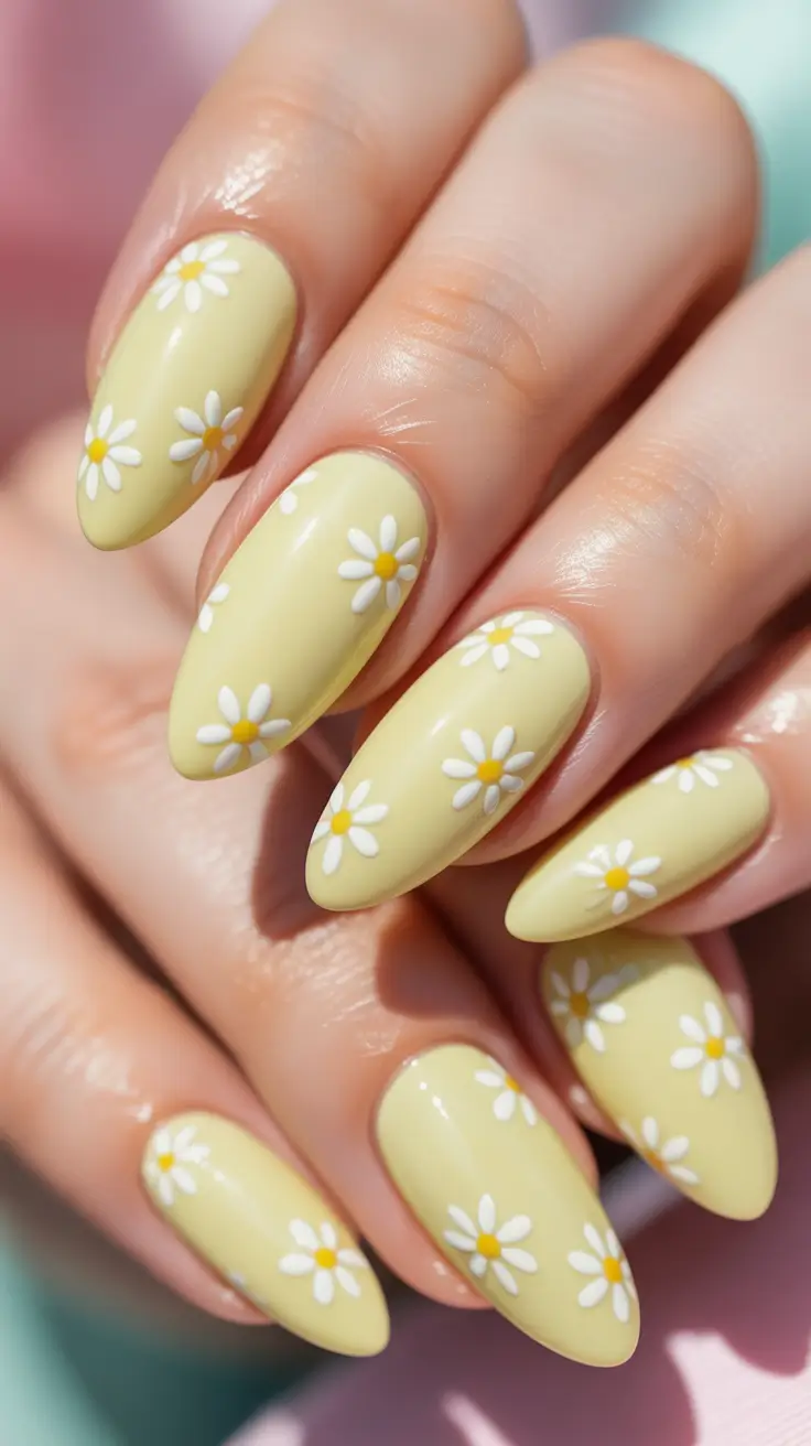 easter nails ideas 2026 Sunny Yellow Daisy Almond Nails