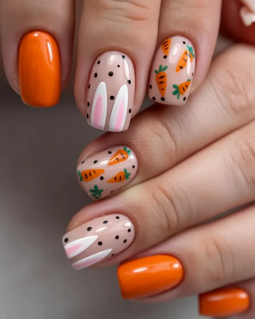 easter nails ideas 2026 Bright Carrot and Bunny Nail Art for a Fun Easter Twist