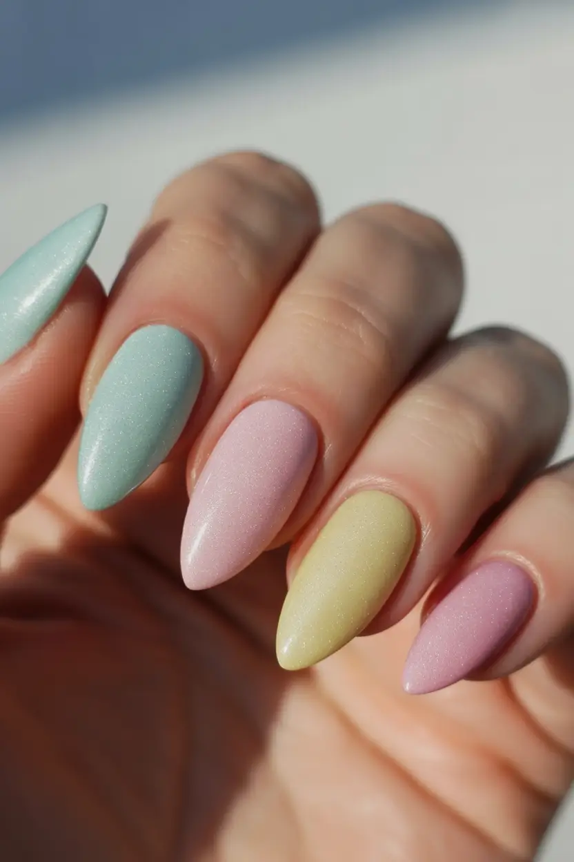 easter nails ideas 2026 Soft Shimmer Pastel Almond Nails
