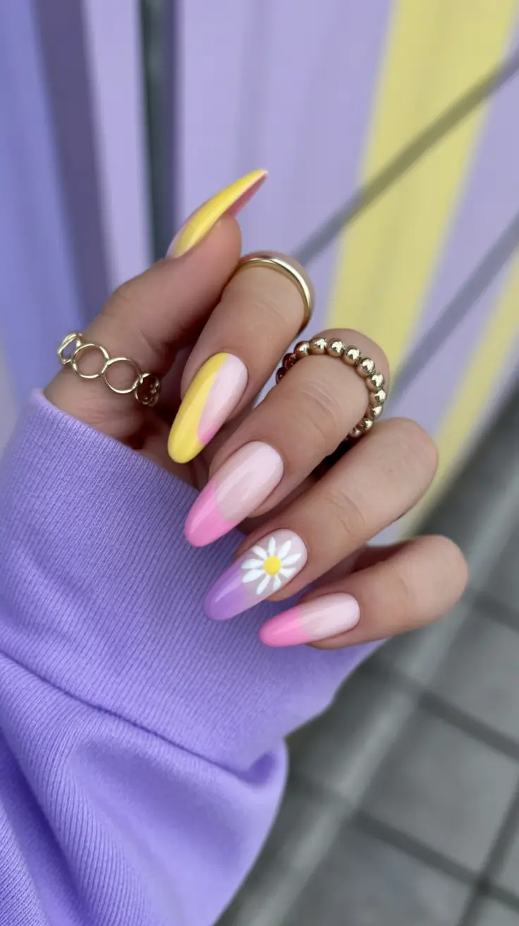 easter nails ideas 2026 Soft Pastel Ombre with Daisy Accent