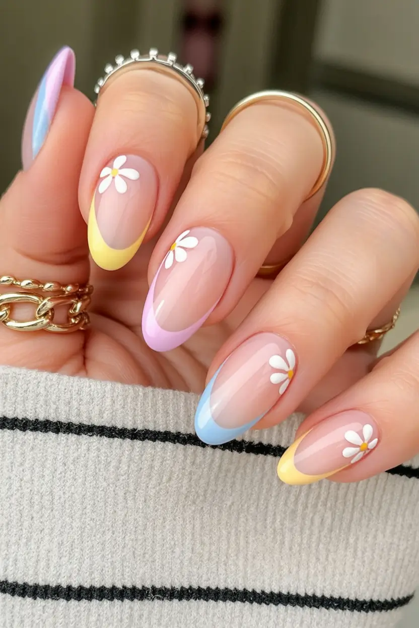 easter nails ideas 2026 Pastel French Tips with Delicate Spring Daisies
