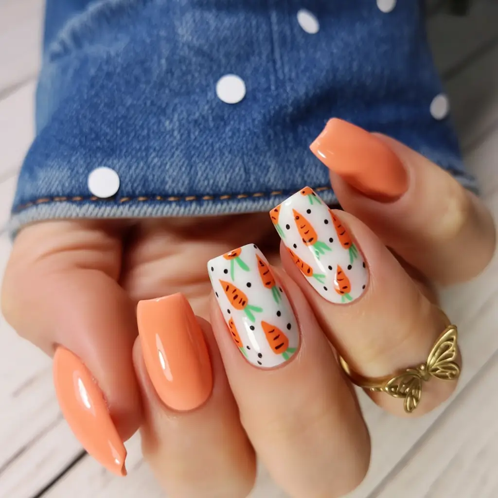 easter nails ideas 2026 Bright Carrot Print Nails for a Cheerful Easter Statement