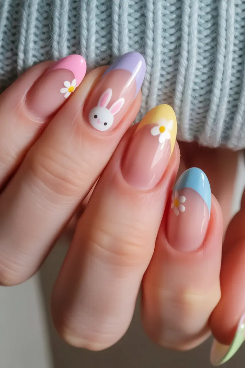 easter nails ideas 2026 Minimal Bunny and Daisy Pastel French Tips