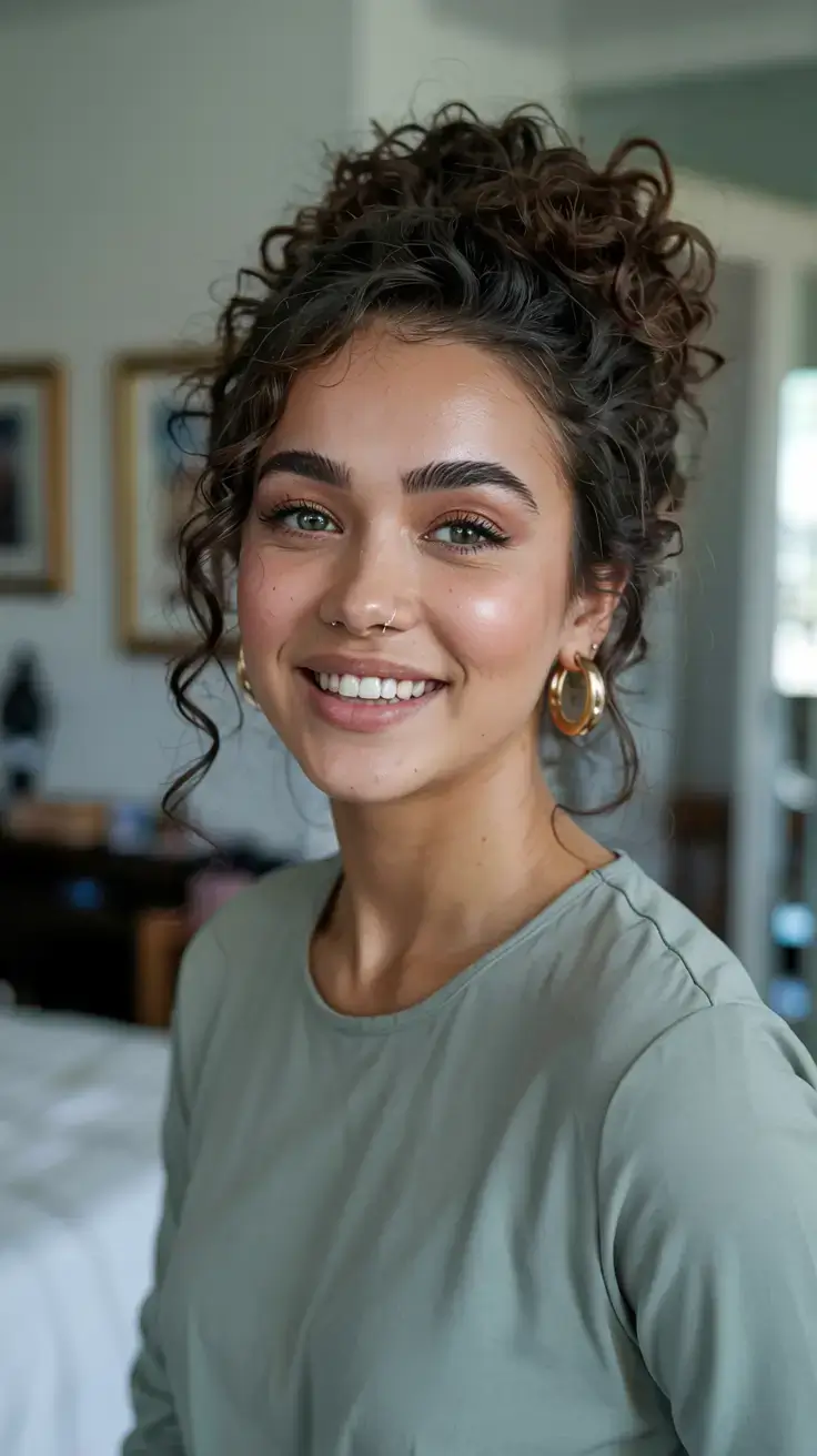 elegant spring natural hairstyle for 2026 curly high bun with soft tendrils