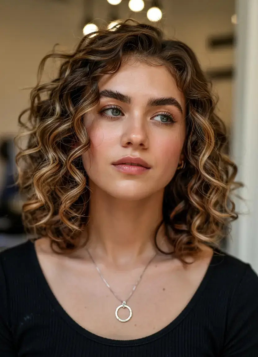 elegant spring natural hairstyle for 2026 curly lob with highlights