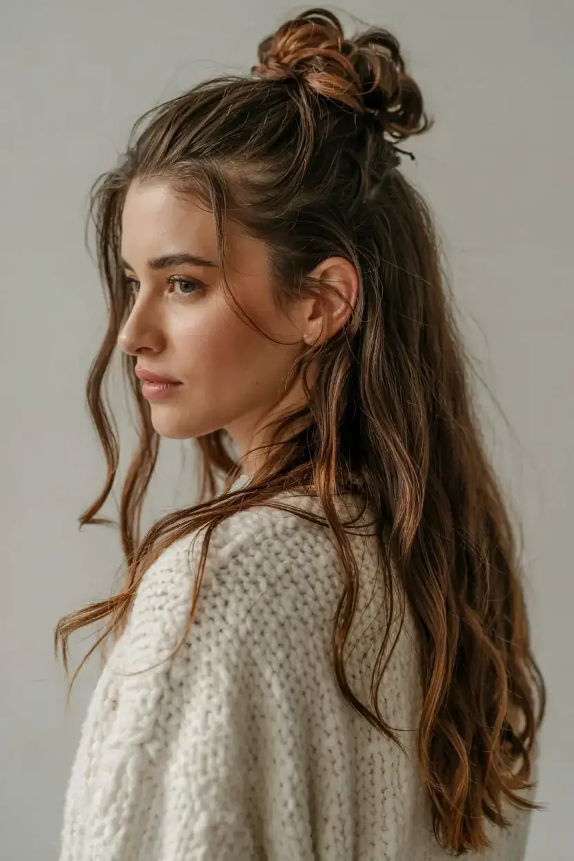 elegant spring natural hairstyle for 2026 half up top knot waves