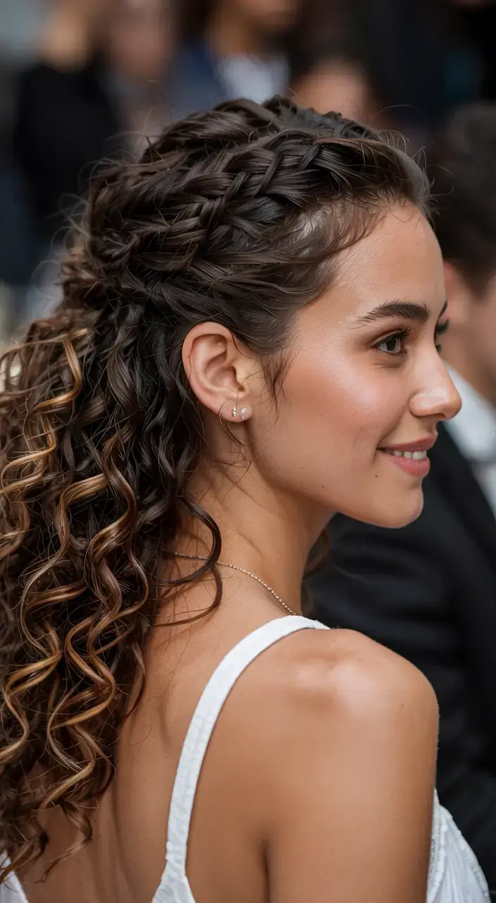 elegant spring natural hairstyle for 2026 braided crown with cascading curls