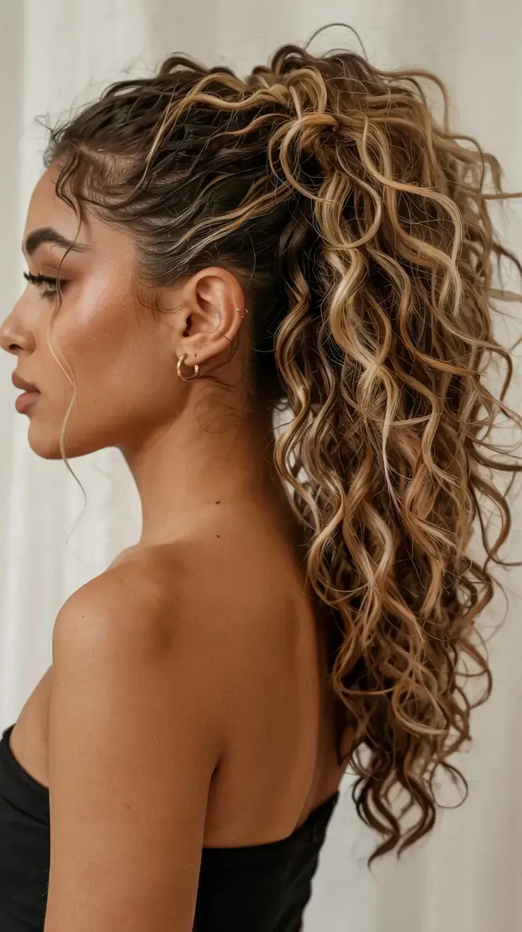 elegant spring natural hairstyle for 2026 high curly ponytail with highlights