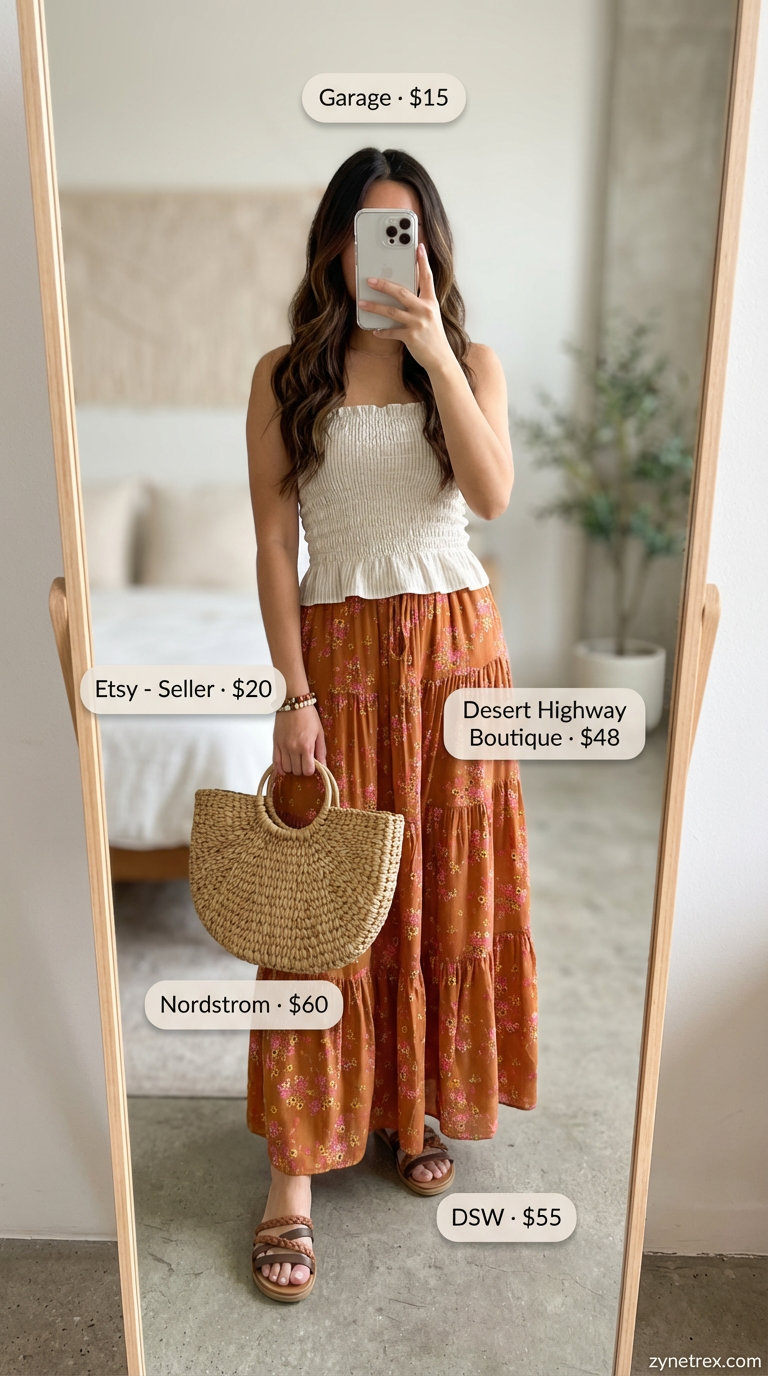 Bohemian terracotta tiered maxi skirt, cropped tube top, and natural woven sandals compose a relaxed everyday summer outfit 2026 for beach days.