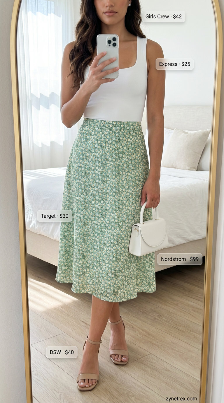 Feminine mint green floral midi skirt, white tank top, and nude block heels create a charming everyday summer outfit 2026 for brunch.