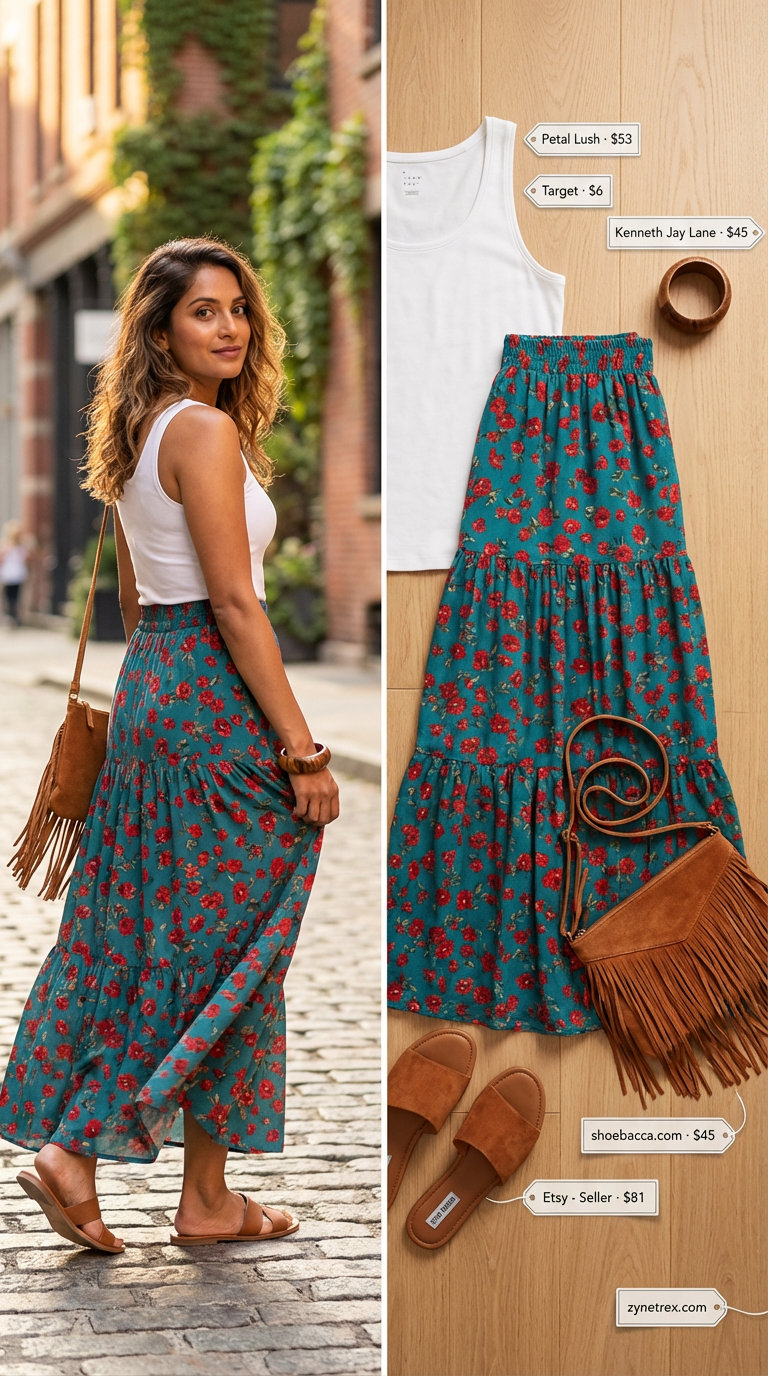 Teal abstract floral maxi skirt, white ribbed tank top, cognac suede crossbody, and leather sandals comprise a stylish everyday summer outfit 2026 for a cafe visit.