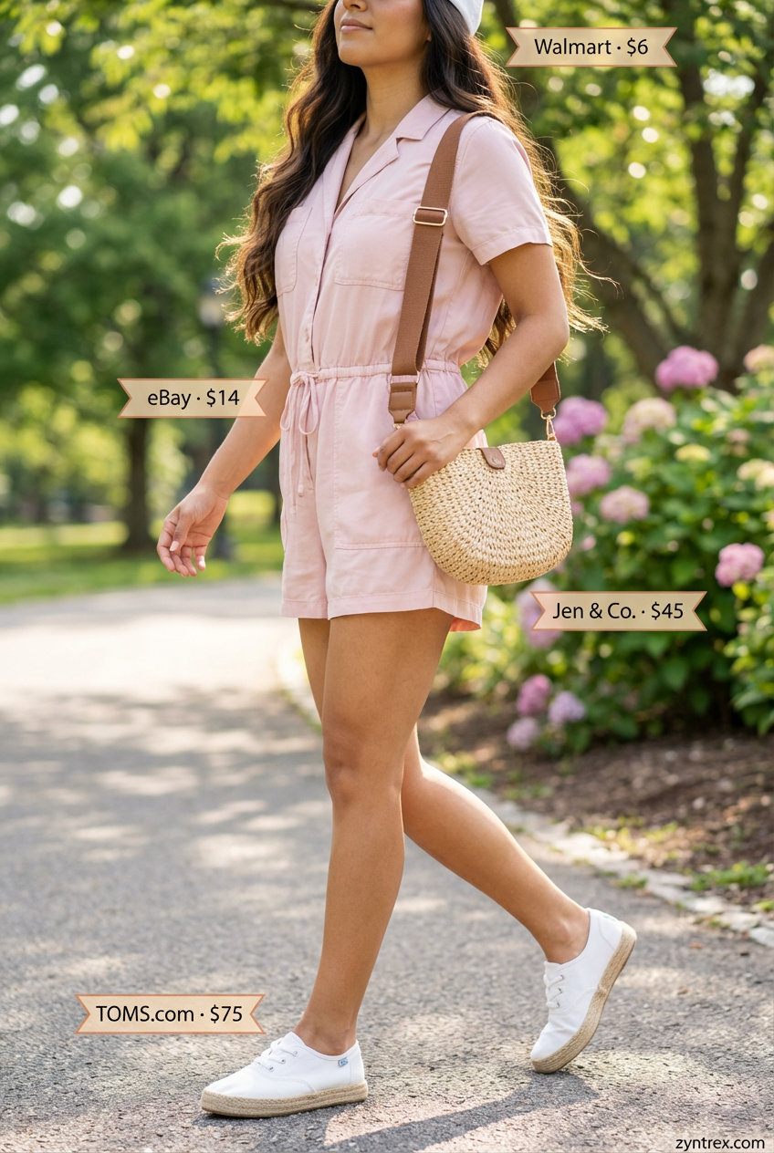 Playful light pink utility romper, white espadrille sneakers, and a baseball cap make a comfortable everyday summer outfit 2026 for park strolls.