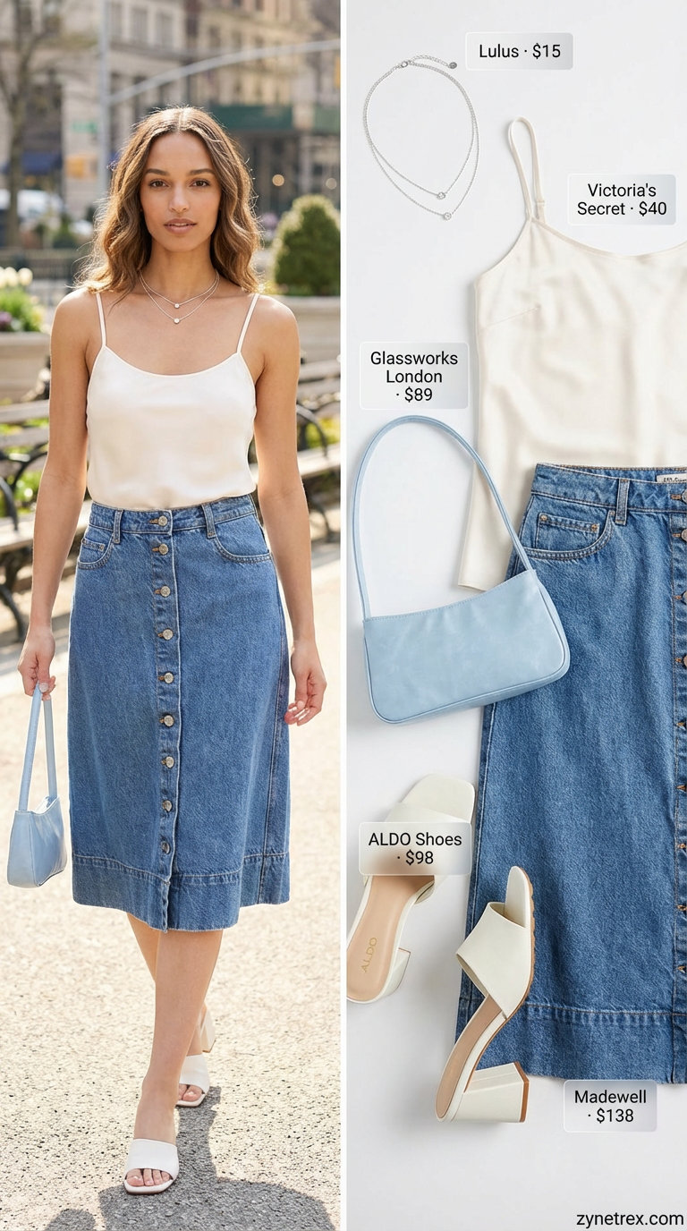 Modern light wash denim midi skirt, ivory camisole, and block heel mules create a chic everyday summer outfit 2026 for city brunches.