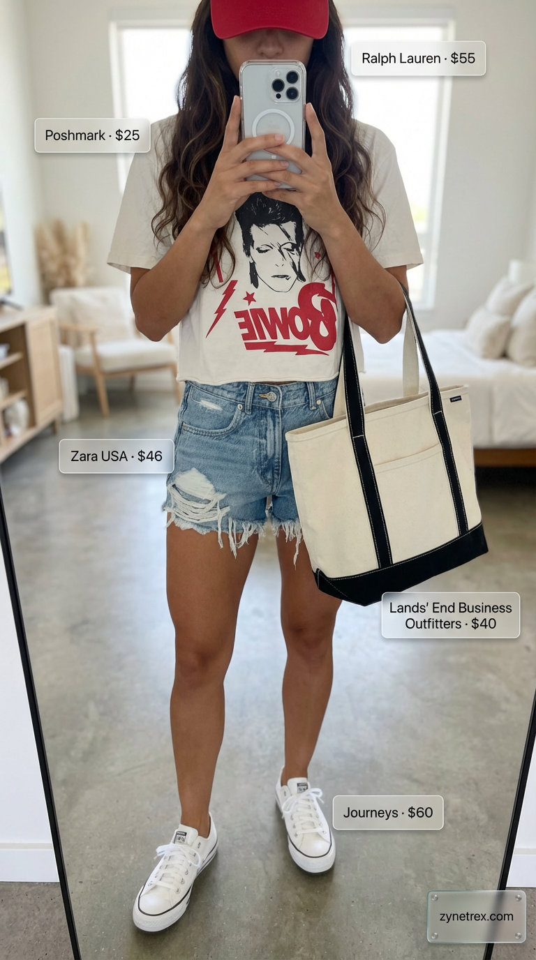 White graphic t-shirt, distressed denim shorts, white sneakers, and a red baseball cap create a cool everyday summer outfit for 2026. Perfect for a coffee run.