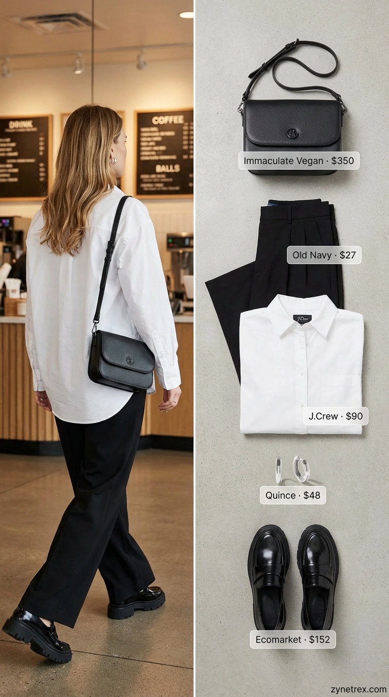 Sophisticated black high-waisted wide-leg trousers, white oversized button-down shirt, and chunky loafers create a chic everyday summer outfit 2026 for casual Fridays or errands.