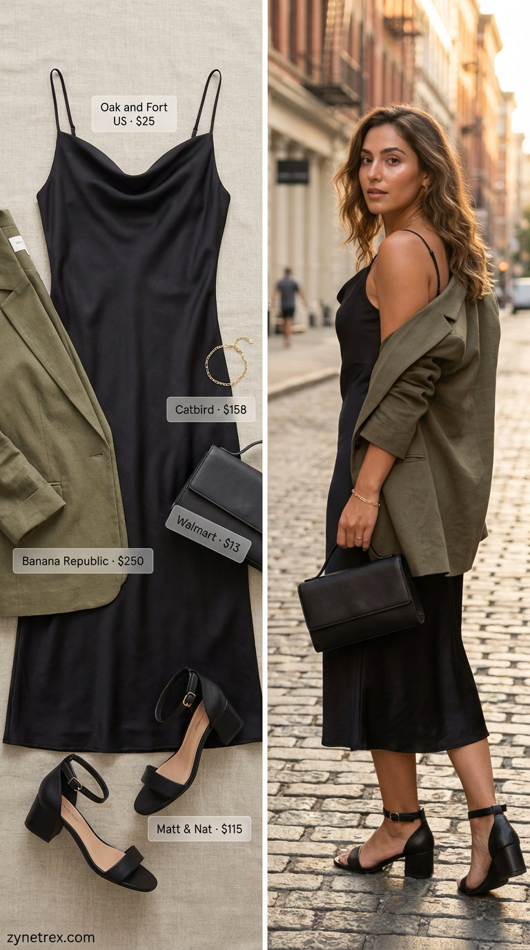 Black satin slip dress, olive green blazer, black block heels, and a clutch make a sophisticated everyday summer outfit 2026 for evening dates.