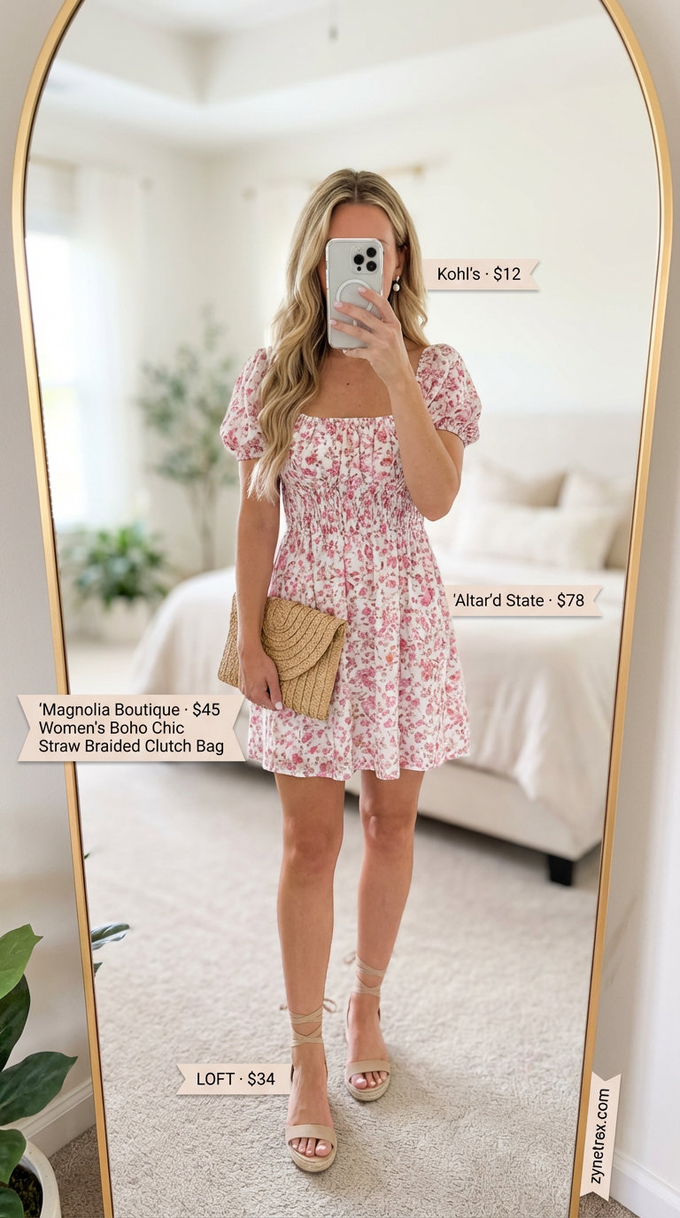 Joyful coral pink floral mini dress, espadrille wedges, and a woven clutch create a feminine everyday summer outfit 2026 for garden parties.