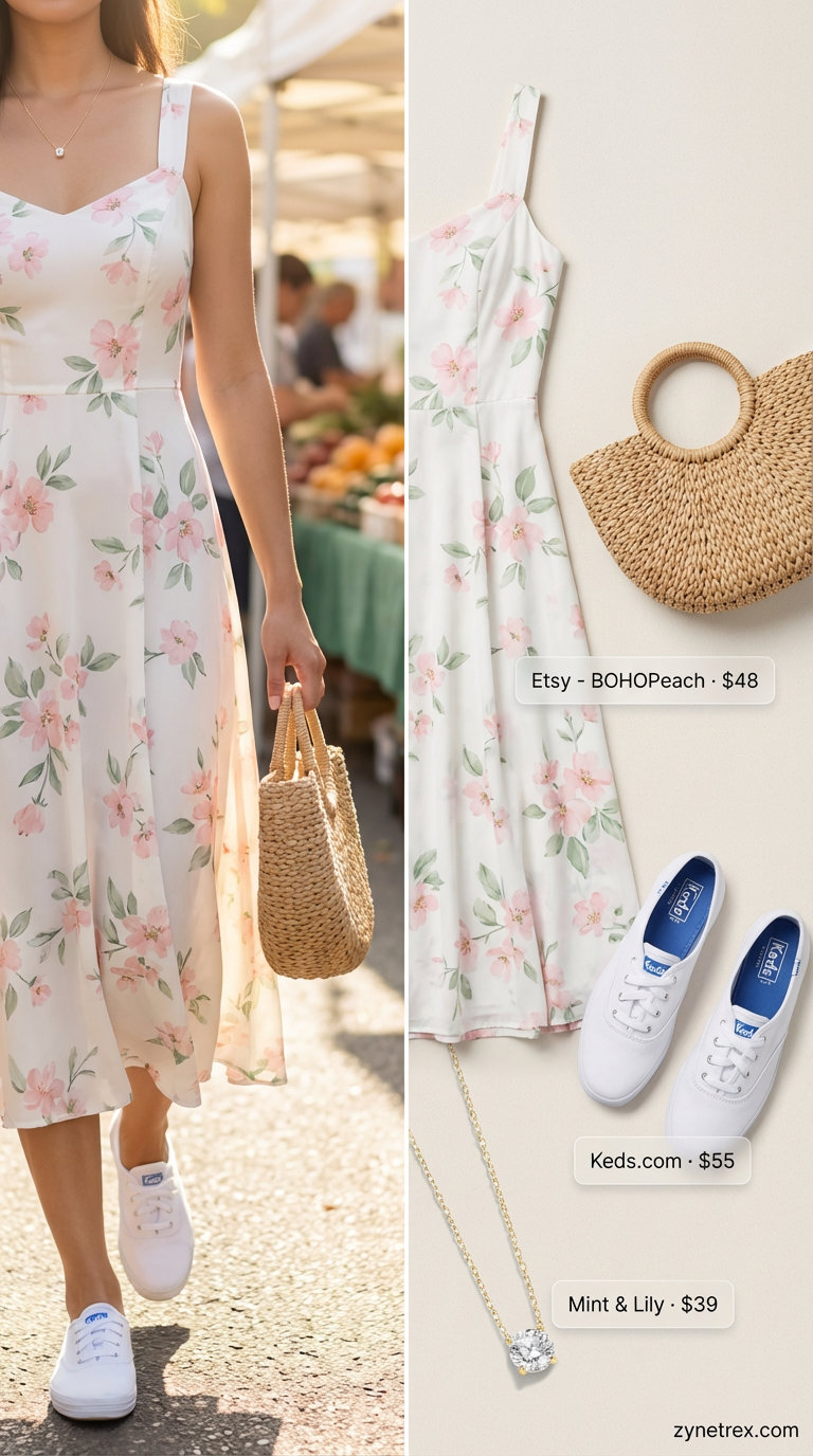 Blush pink floral mini dress, white sneakers, straw basket bag, and gold pendant necklace create a charming everyday summer outfit for 2026 picnics.