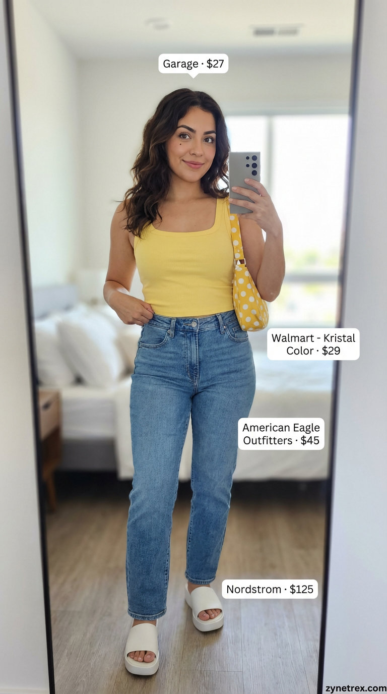 Yellow ribbed crop top, straight-leg denim jeans, white platform sandals, and a polka dot crossbody bag form a playful everyday summer outfit 2026 for retro picnics.