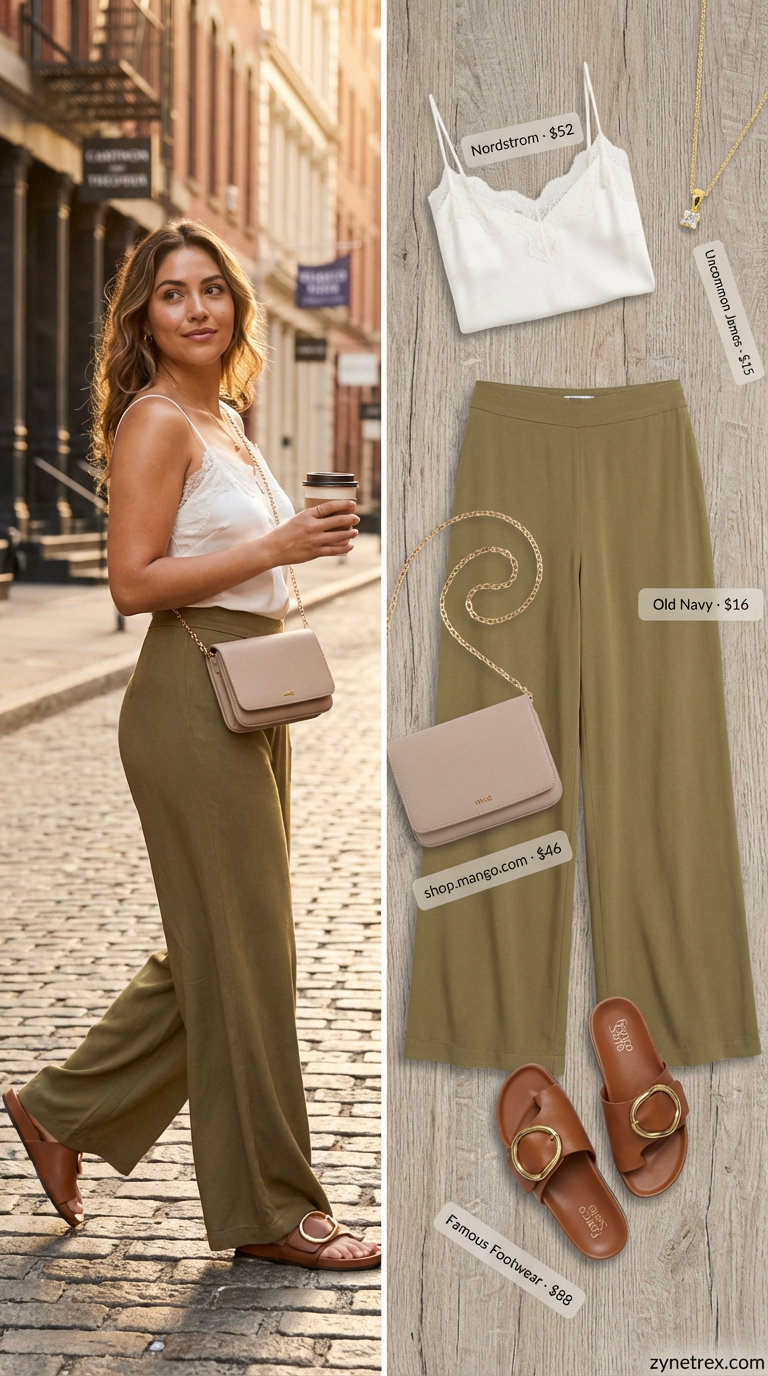 Effortless brunch outfit featuring olive green wide-leg trousers, a cream lace-trim camisole, tan leather slide sandals, and a gold pendant, for everyday summer outfits.