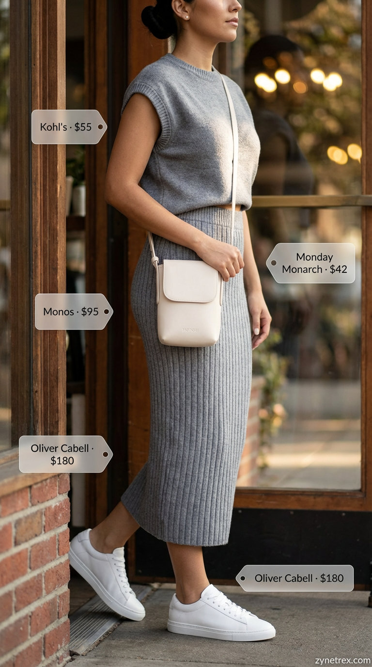 Cozy and chic soft grey ribbed knit crop top and midi skirt set, styled with white sneakers and a structured crossbody, ideal for everyday summer outfits.
