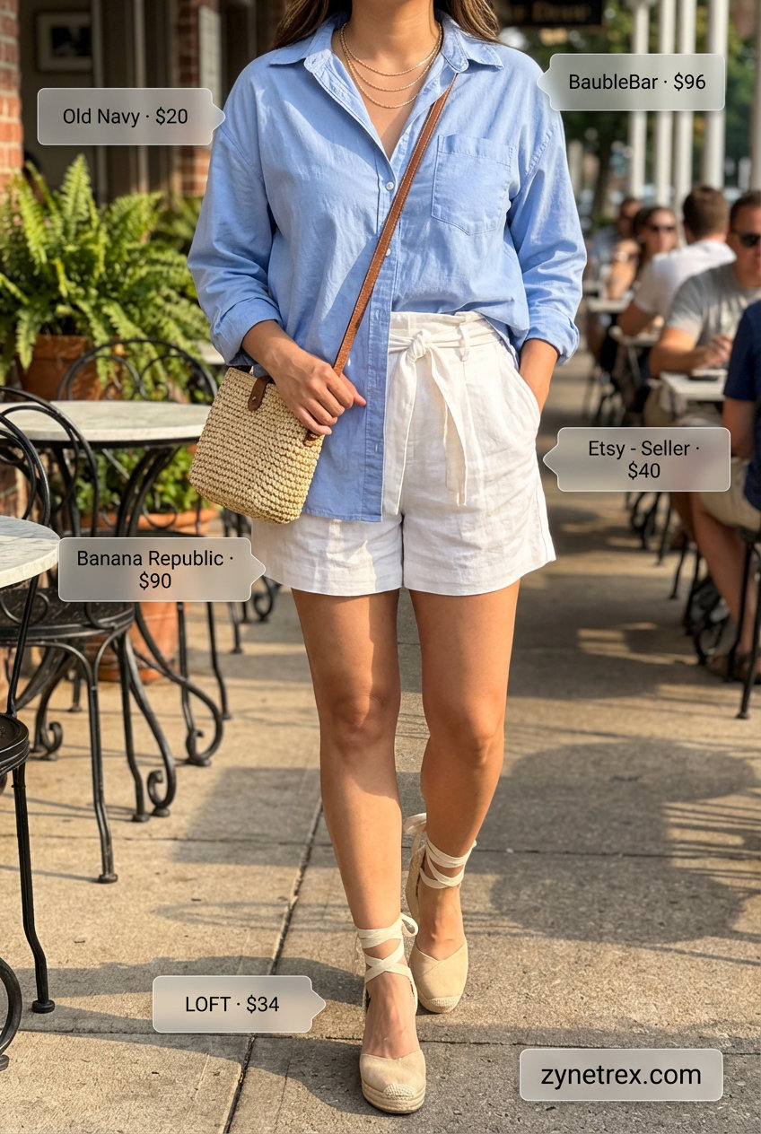 Effortless white linen paperbag shorts, a sky blue oversized shirt, espadrille wedges, and layered gold necklaces, perfect for everyday summer outfits and vacation brunch.