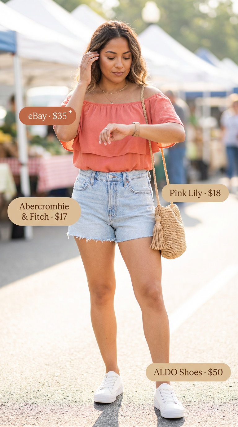 Playful coral off-the-shoulder crop top with light wash denim shorts, espadrille sandals, and a straw crossbody bag, a fresh idea for everyday summer outfits.