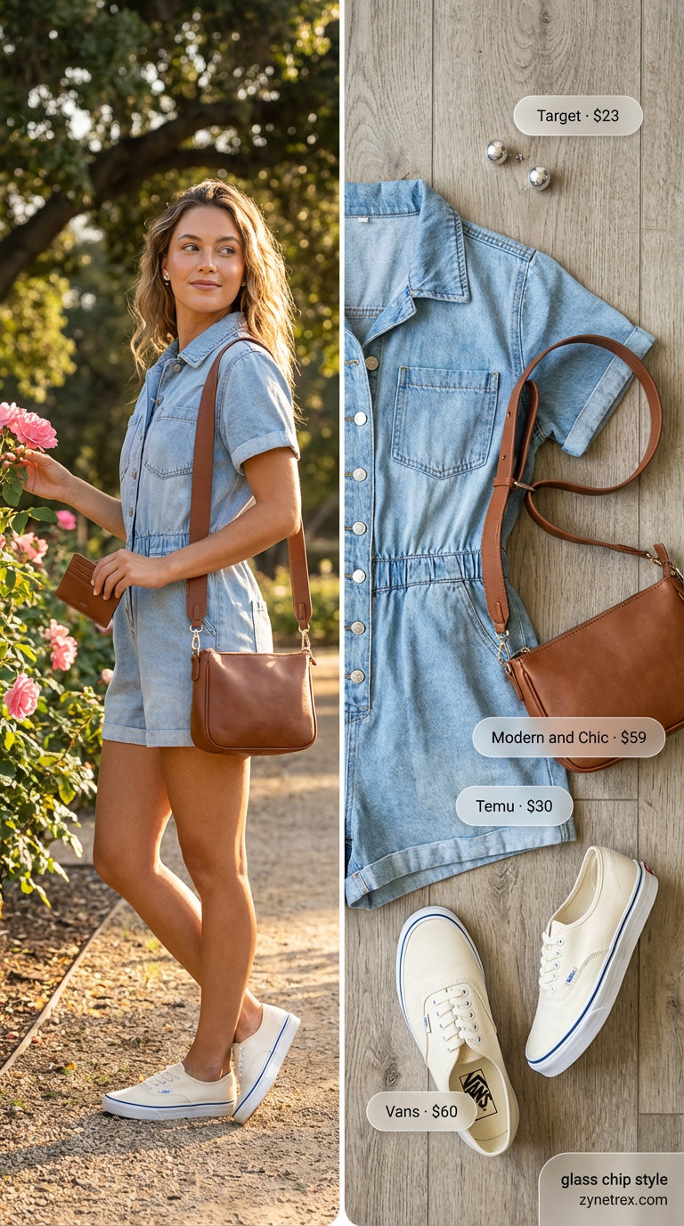 Playful denim utility romper styled with white low-top sneakers and a brown crossbody bag, a comfortable option for everyday summer outfits and park dates.
