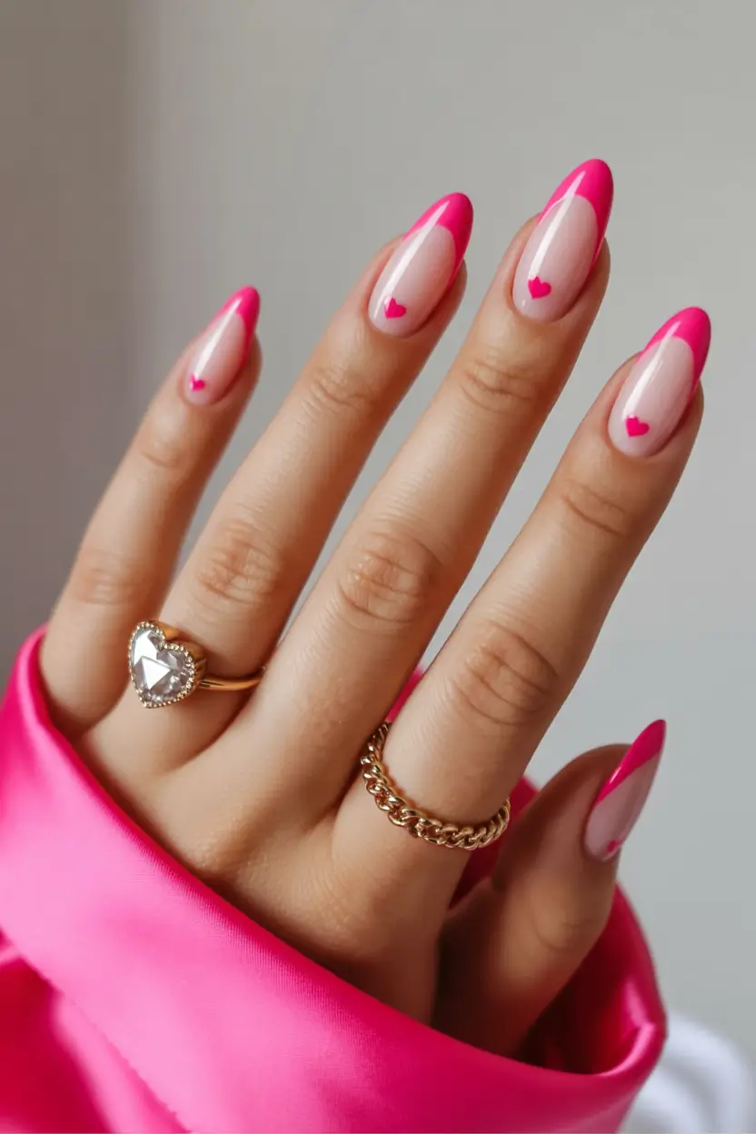 fresh spring hot pink nails 2026 Romantic Pink French Tips With Tiny Heart Details