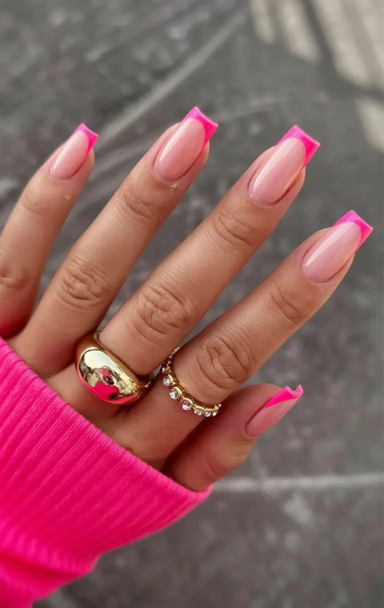 fresh spring hot pink nails 2026 Square Neon Pink French Tips for a Fresh Spring Statement