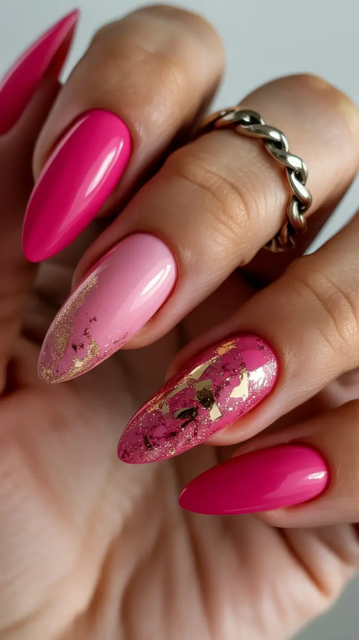 fresh spring hot pink nails 2026 Hot Pink Nails With Soft Gold Foil Accents