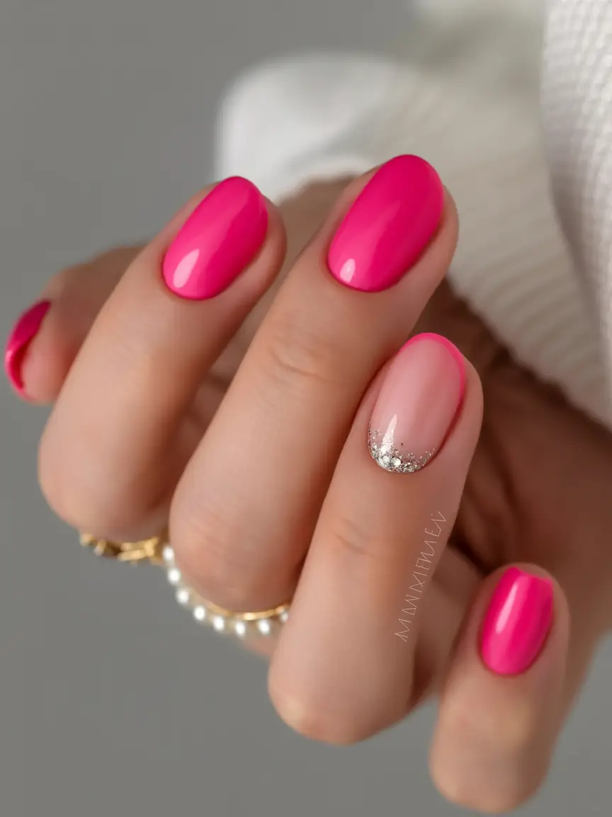 fresh spring hot pink nails 2026 Minimal Pink Manicure With Sparkling Accent Detail