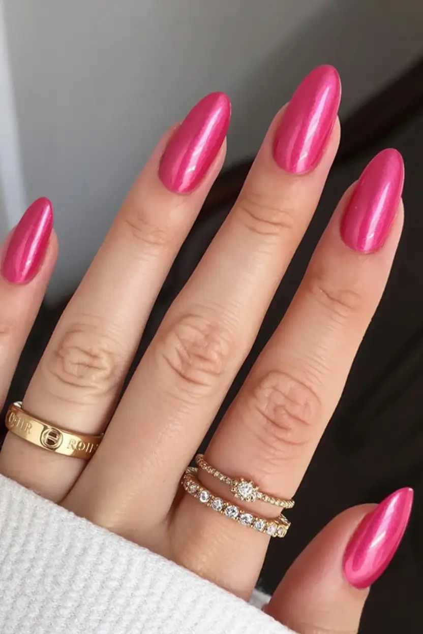fresh spring hot pink nails 2026 Pearlescent Hot Pink Almond Nails