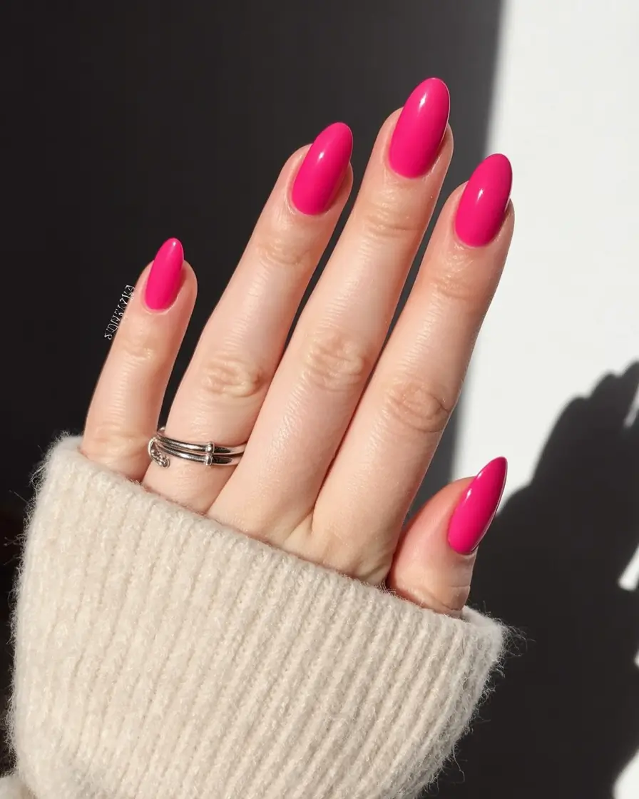 fresh spring hot pink nails 2026 Classic Glossy Hot Pink Almond Nails for Spring