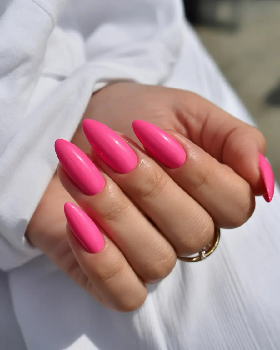 fresh spring hot pink nails 2026 Bright Almond Hot Pink Nails That Capture the Energy of Spring