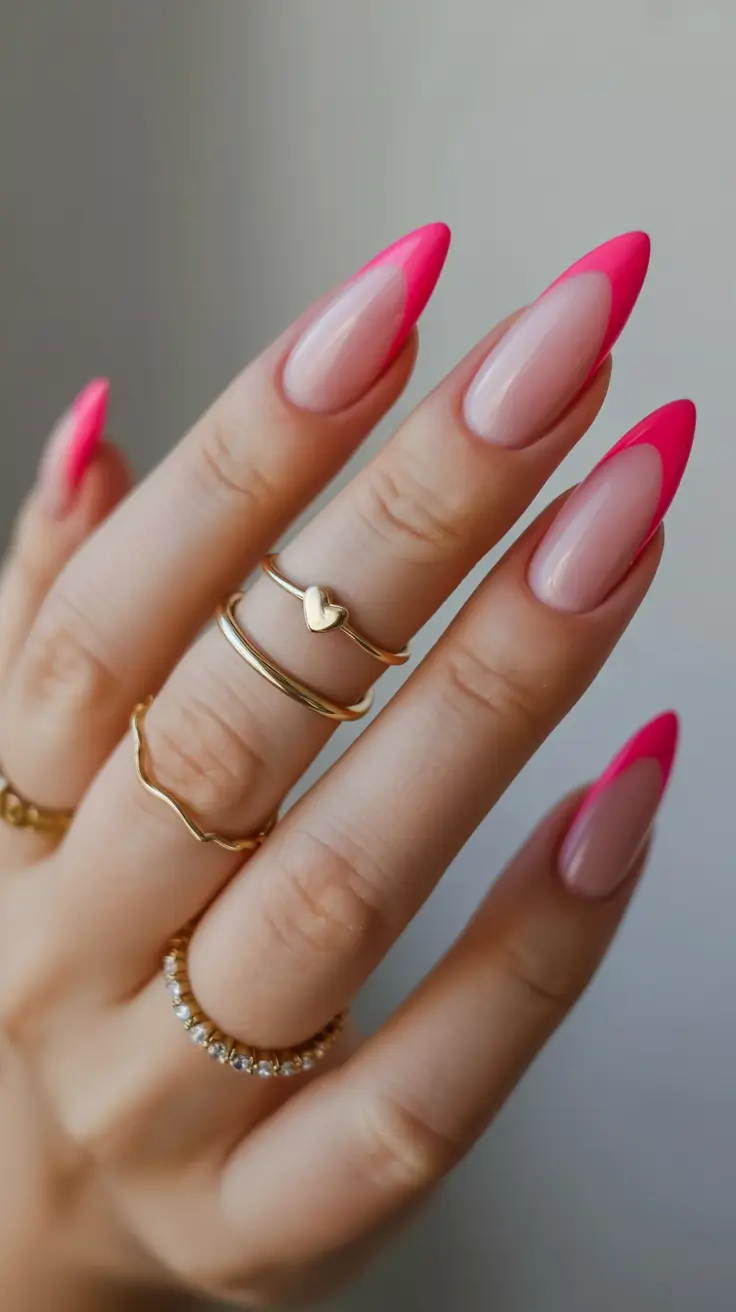 fresh spring hot pink nails 2026 Soft Pink Stiletto French With a Modern Edge