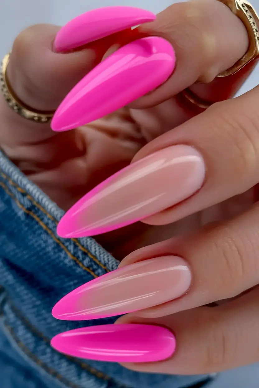 fresh spring hot pink nails 2026 Hot Pink and Nude Almond Nails With a Bold Color Block