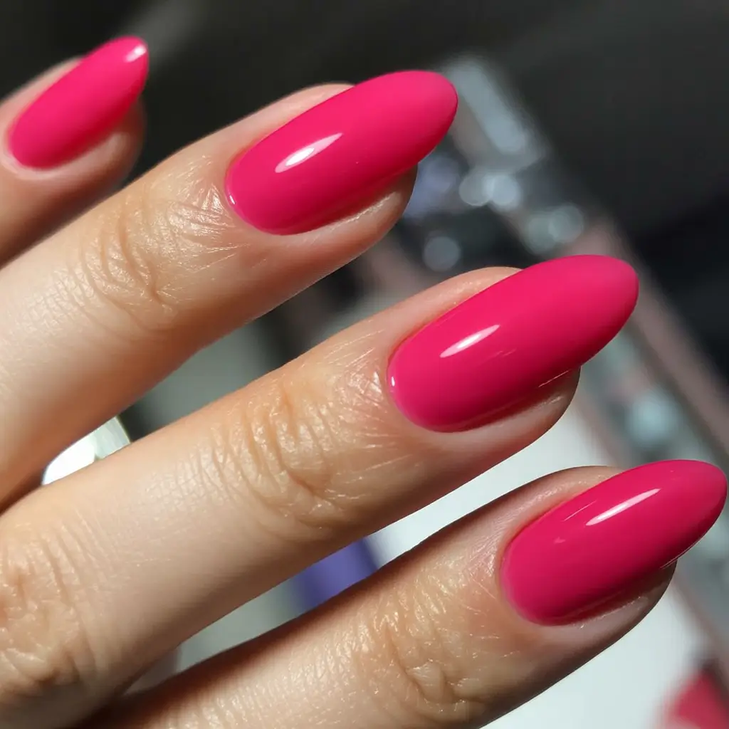 fresh spring hot pink nails 2026 Glossy Almond Nails in Vibrant Candy Pink