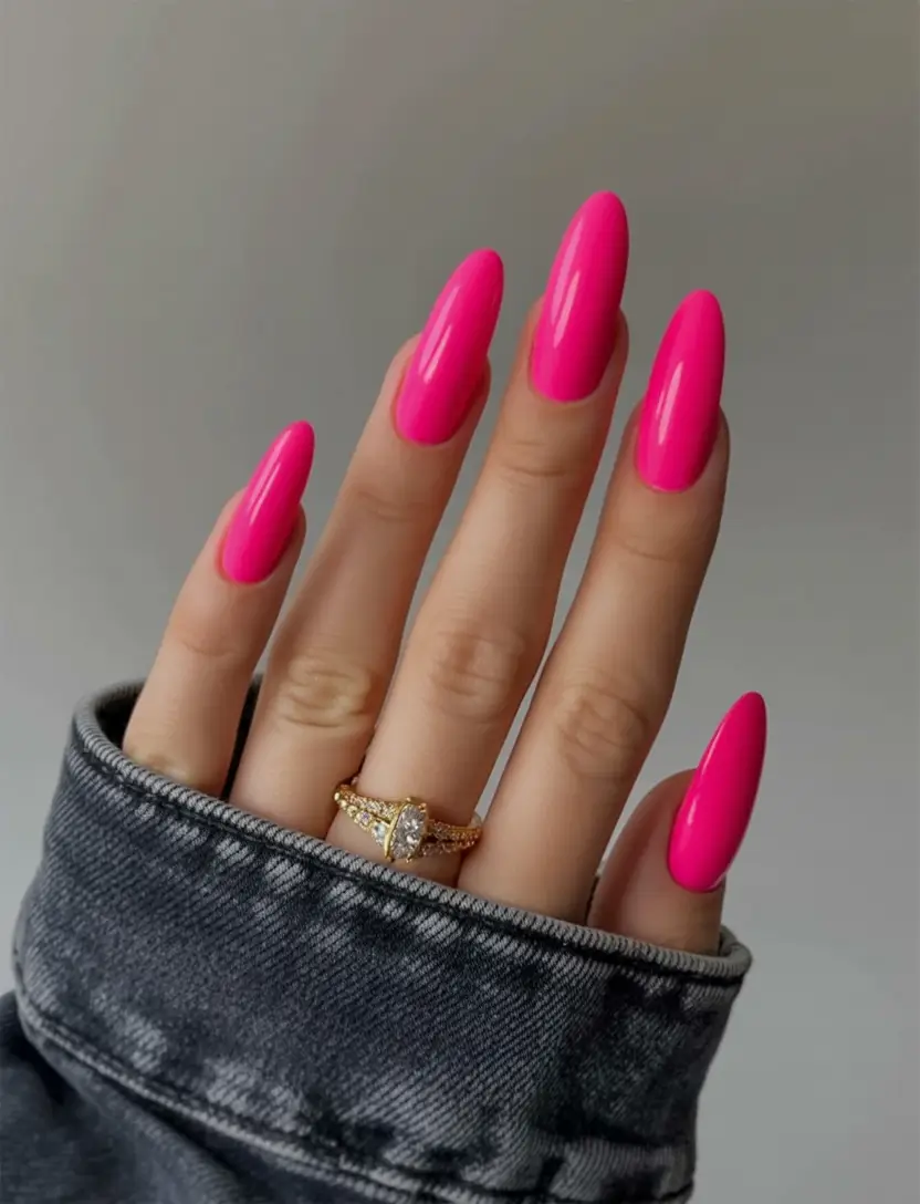 fresh spring hot pink nails 2026 Classic Hot Pink Almond Nails With High-Gloss Shine