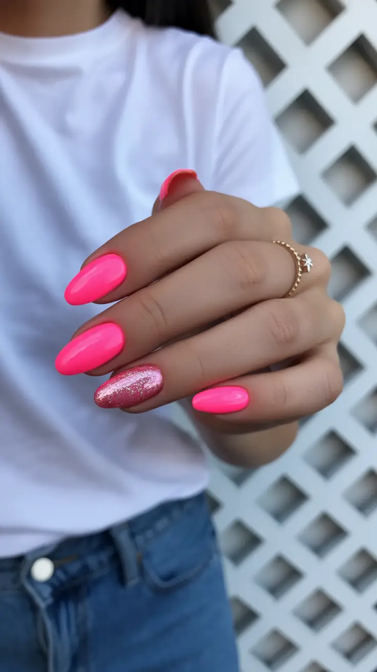 fresh spring hot pink nails 2026 Bright Pink Nails With a Sparkling Accent