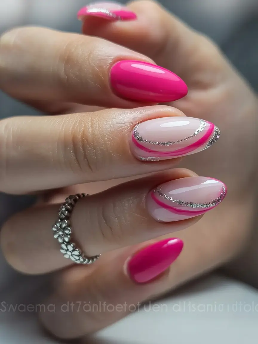 fresh spring hot pink nails 2026 Pink Swirl Nail Art With Delicate Silver Sparkle