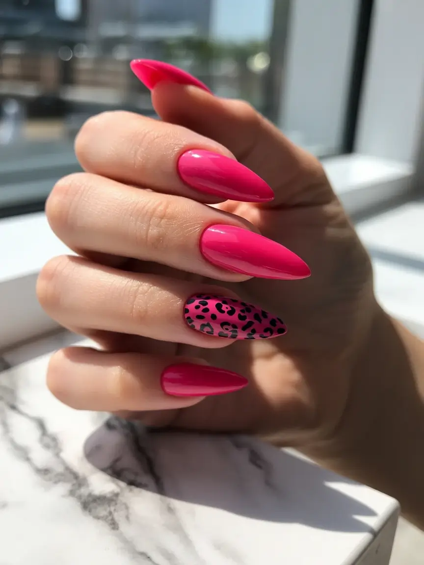 fresh spring hot pink nails 2026 Hot Pink Stiletto Nails With Leopard Accent
