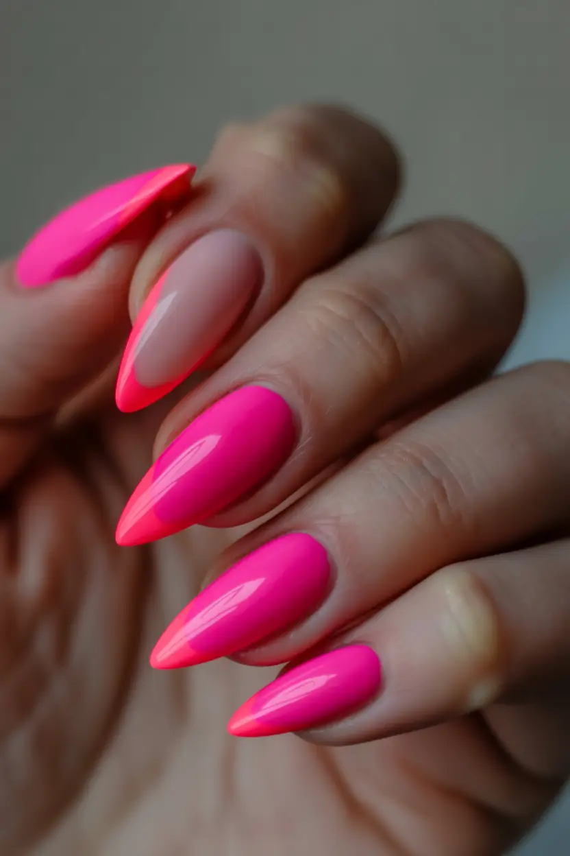 fresh spring hot pink nails 2026 Hot Pink and Nude French Stiletto Nails