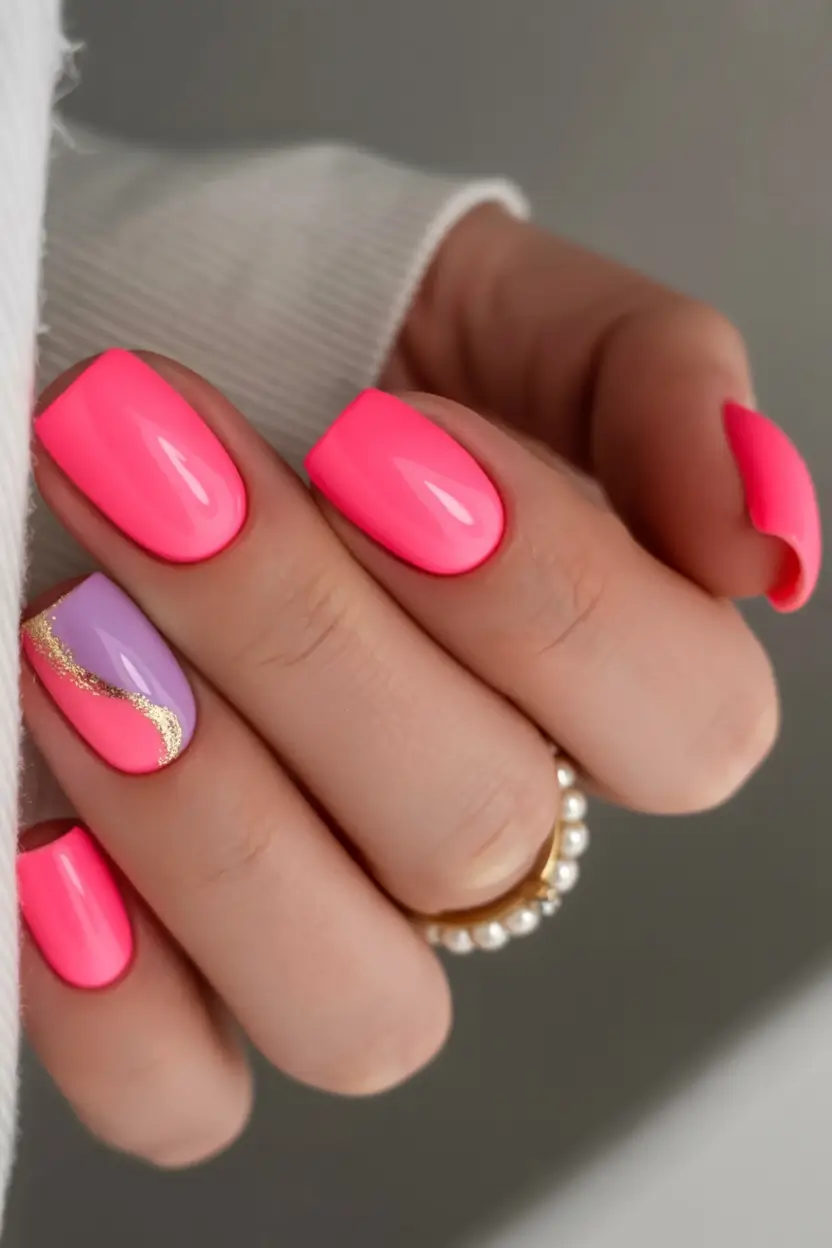 fresh spring hot pink nails 2026 Hot Pink Square Nails With Lavender Accent and Gold Detail